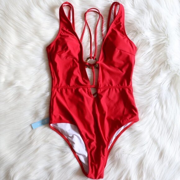 NEW Red Strappy Sexy Lace Up One Piece Swimsuit Size Medium - Picture 3 of 9